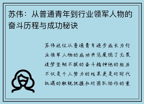 苏伟：从普通青年到行业领军人物的奋斗历程与成功秘诀